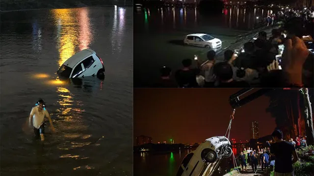 Clip: Ô tô mất lái lao xuống hồ Linh Đàm, tài xế đập vỡ cửa thoát thân